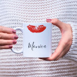 Red Kiss Lips Lipstick Personalized Mug<br><div class="desc">This design was created through digital art. It may be personalized by clicking the customize button and changing the color, adding a name, initials or your favorite words. Contact me at colorflowcreations@gmail.com if you with to have this design on another product. Purchase my original abstract acrylic painting for sale at...</div>