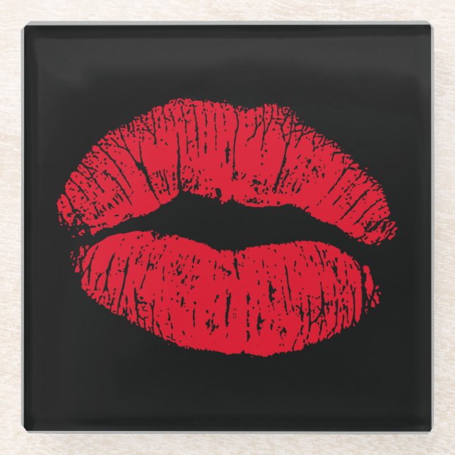 Red Kissing Lips on Black Glass Coaster (Front)