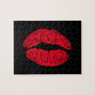 Red Kissing Lips on Black Jigsaw Puzzle