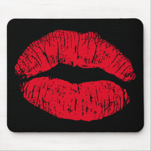 Red Kissing Lips on Black Mouse Pad