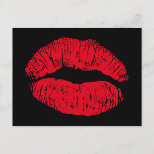 Red Kissing Lips on Black Postcard