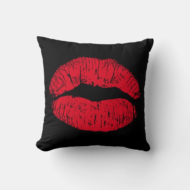 Red Kissing Lips on Black Throw Pillow (Front)