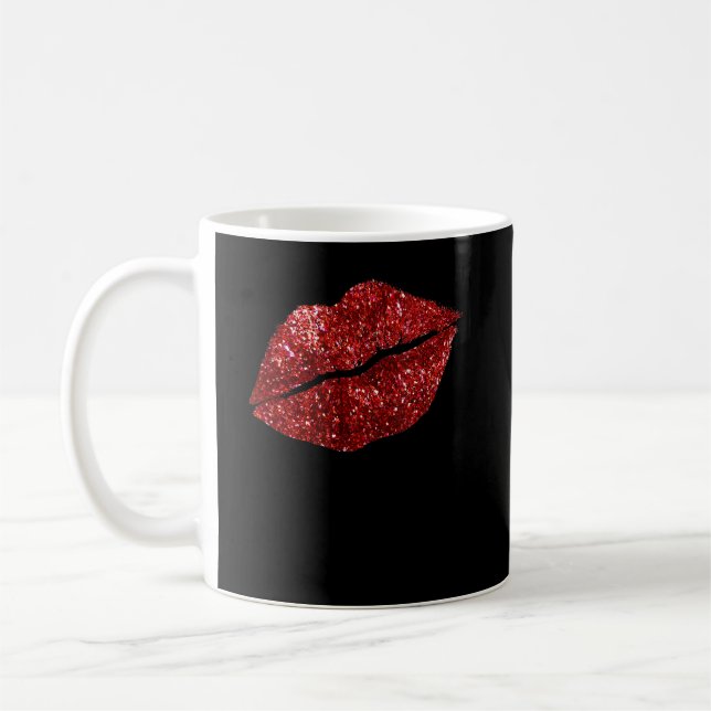Red Kissing Lipstick Glitter, Lips Kiss Red Lips V Coffee Mug (Left)