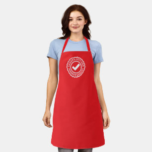 Red kitchen apron with chef's name in the logo