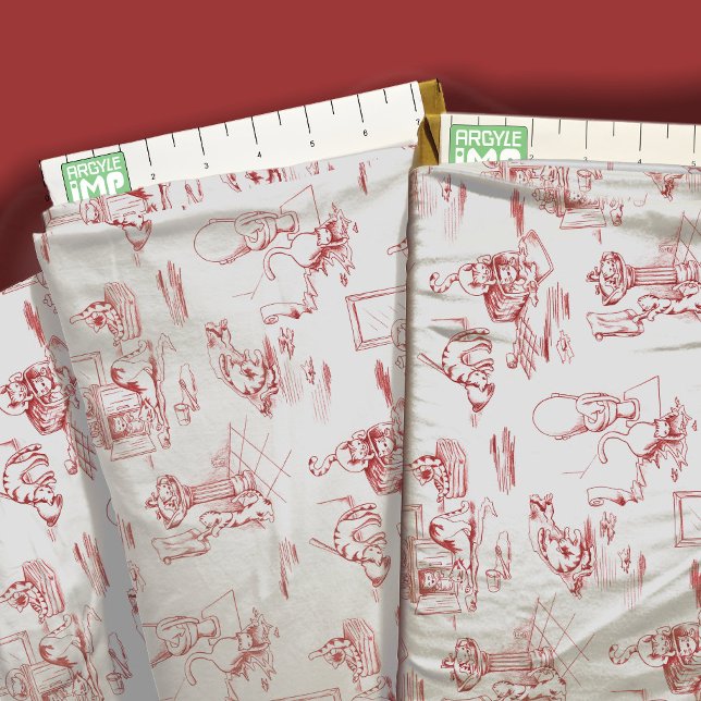 Red Kitty Cat Bathroom Toile Fabric (close-up with ruler)