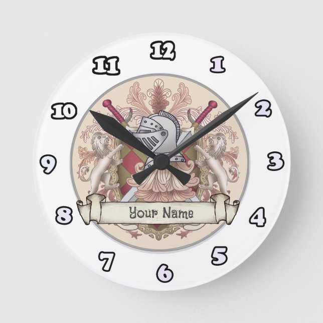 Red Knight Family Crest Surname Round Clock (Front)