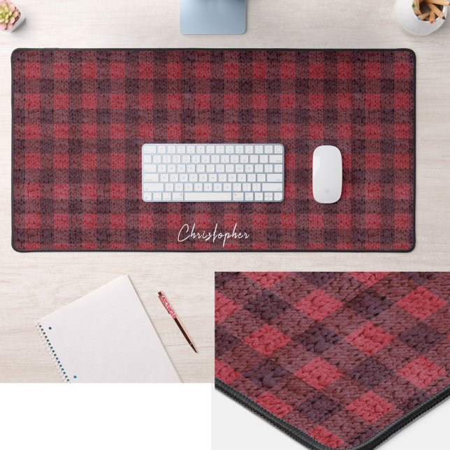 Red Knit Buffalo Plaid Custom Name Desk Mat (Creator Uploaded)