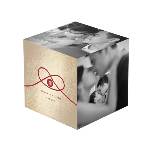 Red Knot Union Double Happiness Chinese Wedding Cube (Front Angled)