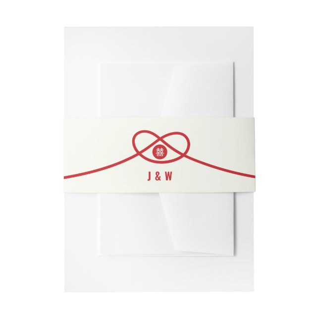 Red Knot Union Double Happiness Chinese Wedding Invitation Belly Band (Front Example)