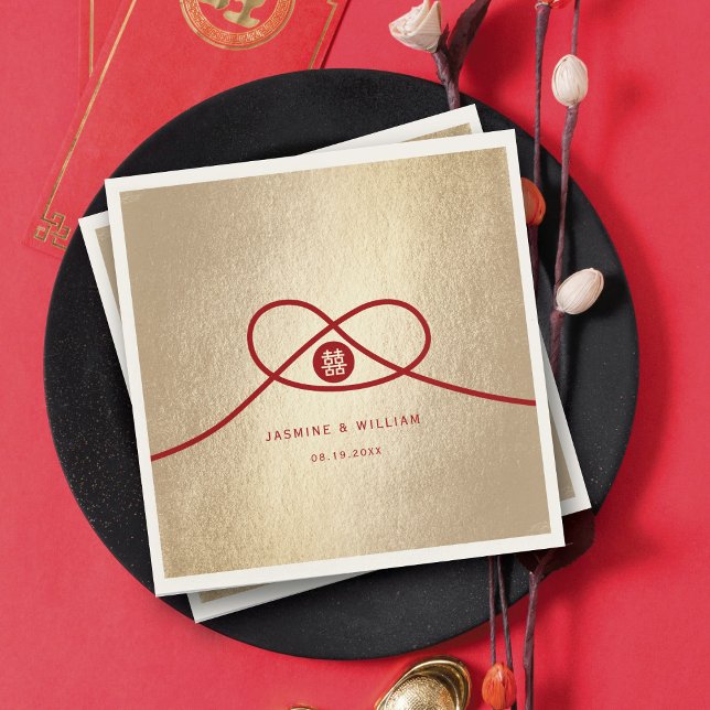 Red Knot Union Double Happiness Chinese Wedding Napkin (Red/Gold Knot Union Double Happiness Modern Chinese Wedding Paper Napkins @ fatfatin_red_knot)