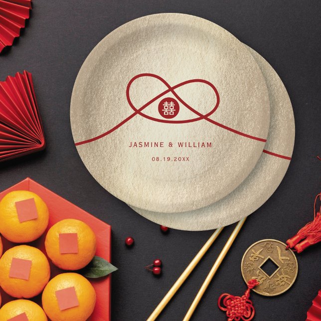 Red Knot Union Double Happiness Chinese Wedding Paper Plate (Gold/Red Knot Union Double Happiness Modern Chinese Wedding Party Paper Plates @ fatfatin_red_knot)