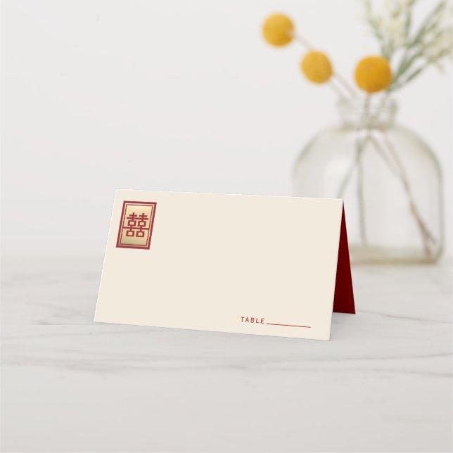 Red Knot Union Double Happiness Chinese Wedding Place Card (Front)