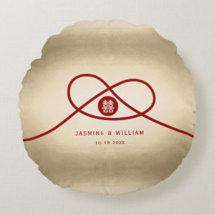 Red Knot Union Double Happiness Chinese Wedding Round Pillow