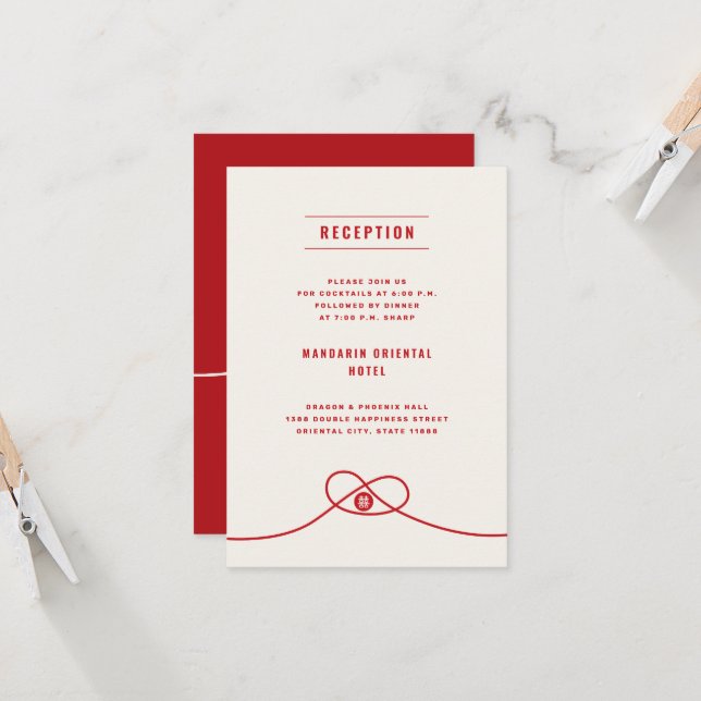 Red Knot Union Double Xi Chinese Wedding Reception Invitation (Front/Back In Situ)
