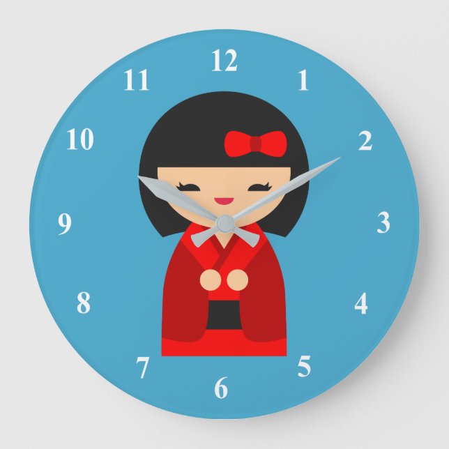 Red Kokeshi Japanese dolls Large Clock (Front)