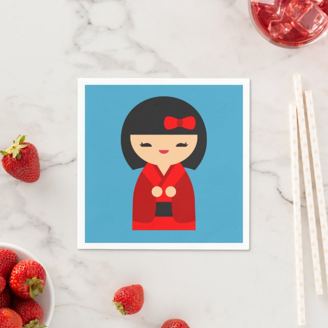 Red Kokeshi Japanese dolls Napkin (Insitu)