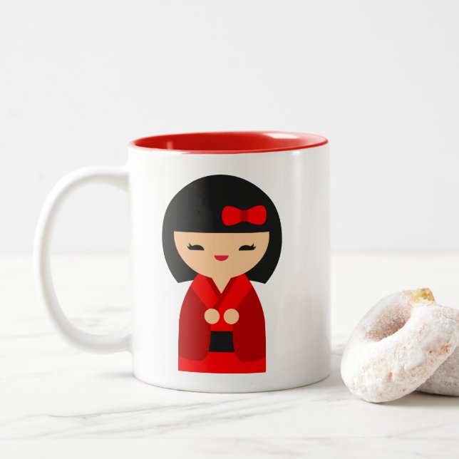 Red Kokeshi Japanese dolls Two-Tone Coffee Mug (With Donut)