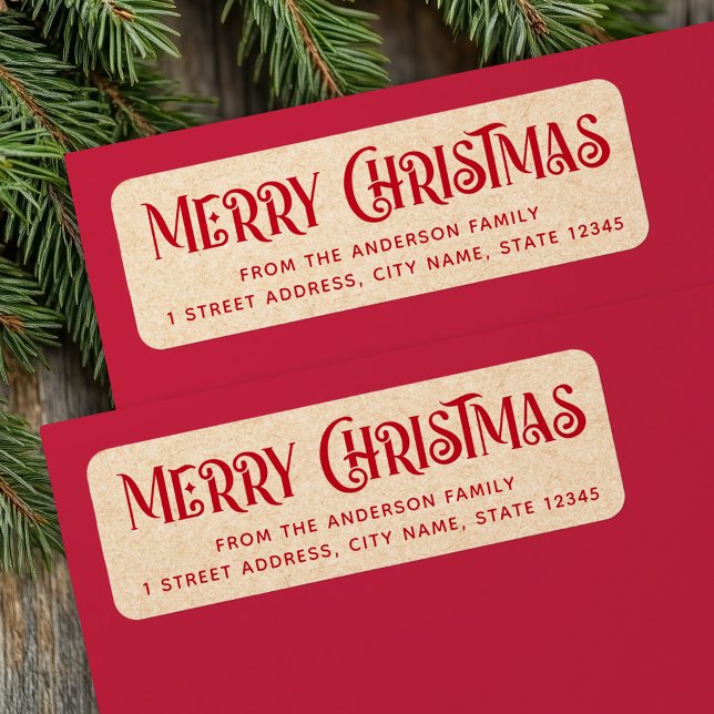 Red Kraft fête Joyeux Noël adresse de retour (Red Kraft festive Merry Christmas return address Label)