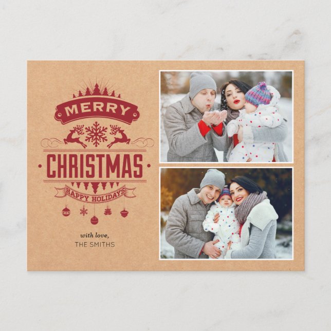 Red Kraft Photo Postcard Holiday Card (Front)