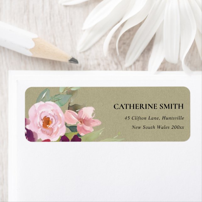 RED KRAFT PINK BLUS ROSE WATERCOLOR FLORAL ADDRESS (Insitu)