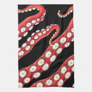 Red Kraken Octopus Tentacles Black Kitchen Towel