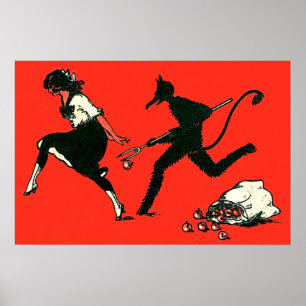 Red Krampus Chasing Woman Apples Poster