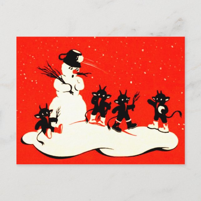 Red Krampus Snowball Fight Snowman Switch Holiday Postcard (Front)