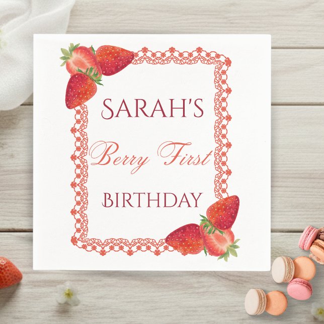 Red Lace Berry First Birthday  Napkin (Red Lace Berry First Birthday Napkins)