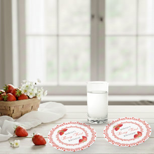 Red Lace Berry First Birthday  Round Paper Coaster