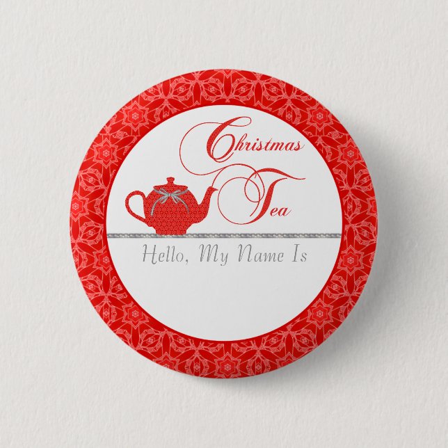 Red Lace Christmas Tea Name 2 Inch Round Button (Front)