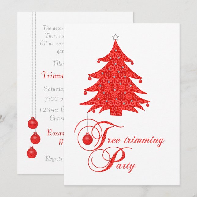 Red Lace Christmas Tree Trimming Party Invitation (Front/Back)