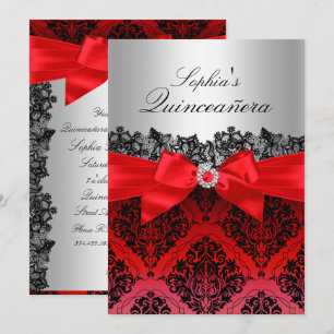 Red Lace Damask & Bow Quinceanera Invitation
