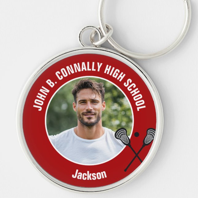Red Lacrosse Player Photo High School Spirit Keychain (Front)