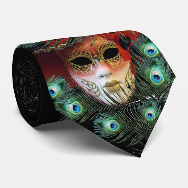 RED LADY AND JESTER MASK WITH  PEACOCK FEATHERS TIE (Rolled)