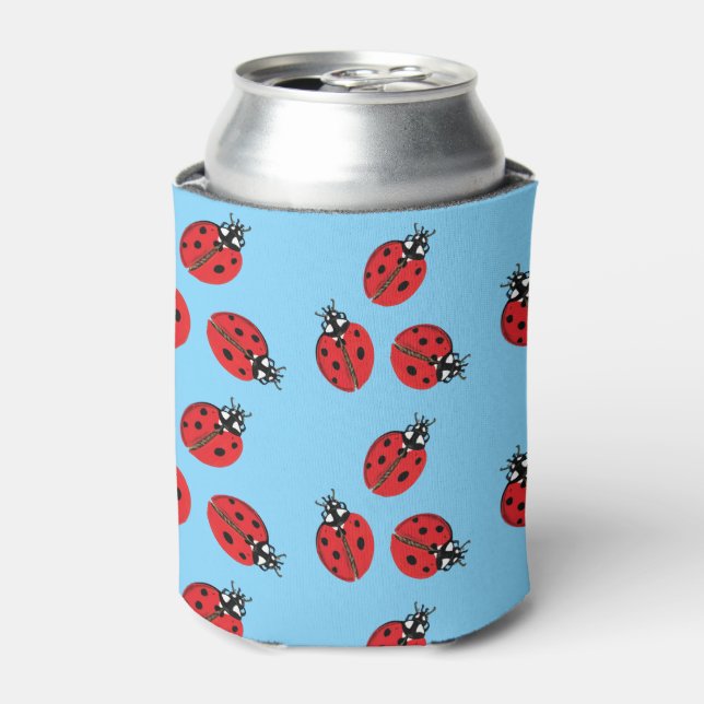 Red Lady Bug Illustration Light Blue Can Cooler (Can Front)
