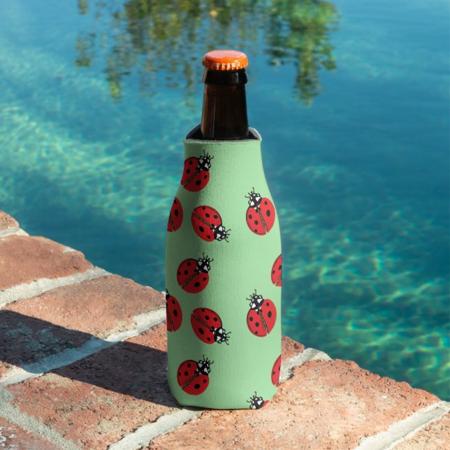 Red Lady Bug Illustration Light Green Bottle Cooler (In Situ Pool)