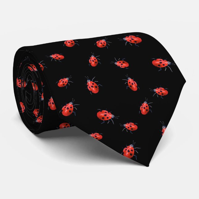  Red Lady Bugs on Black Tie (Rolled)