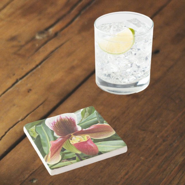 Red Lady Slipper Orchid Floral Stone Coaster (In Situ)