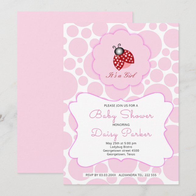 Red Ladybug And Pink Circles Invitation (Front/Back)