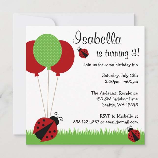 Red Ladybug Balloons Birthday Party Invitations (Front)