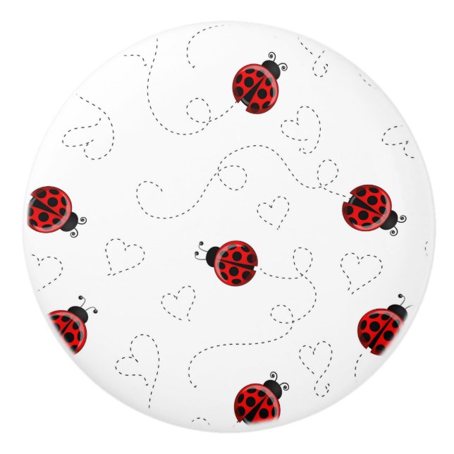 Red Ladybug Beetle Insect Lover Black Hearts Ceramic Knob (Front)
