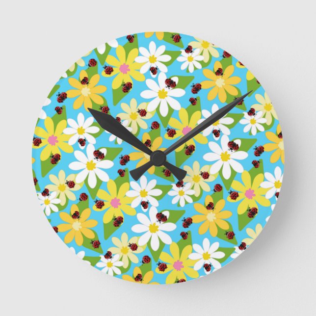Red Ladybug Beetle Insect Lover Black Hearts Round Clock (Front)