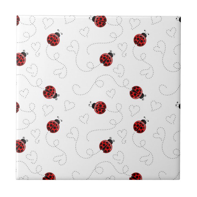 Red Ladybug Beetle Insect Lover Black Hearts Tile (Front)