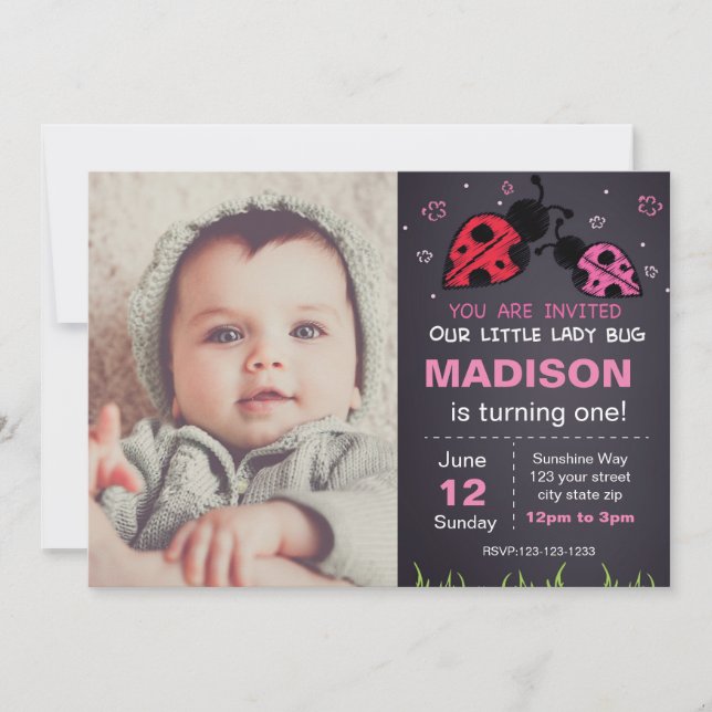Red Ladybug Birthday Invitation with photo (Front)