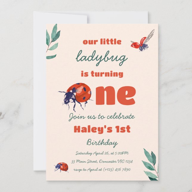 Red Ladybug Cute First 1st Baby Birthday Party Invitation (Front)