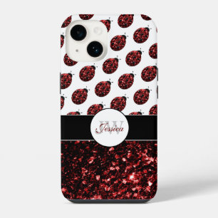 Red ladybug faux glitter sparkles pattern Monogram iPhone 14 Case