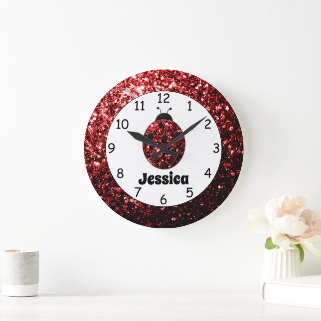 Red ladybug ladybird sparkles Custom name print Large Clock (Home)