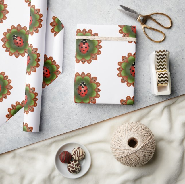 Red ladybug on red and green petals on white. wrapping paper (Crafts)