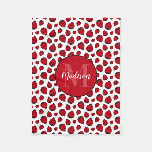 Red Ladybug Pattern Personalized Girl Fleece Blanket (Front)