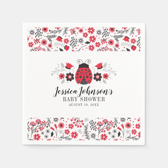 Red Ladybug Personalized Girl Floral Baby Shower Napkin (Front)